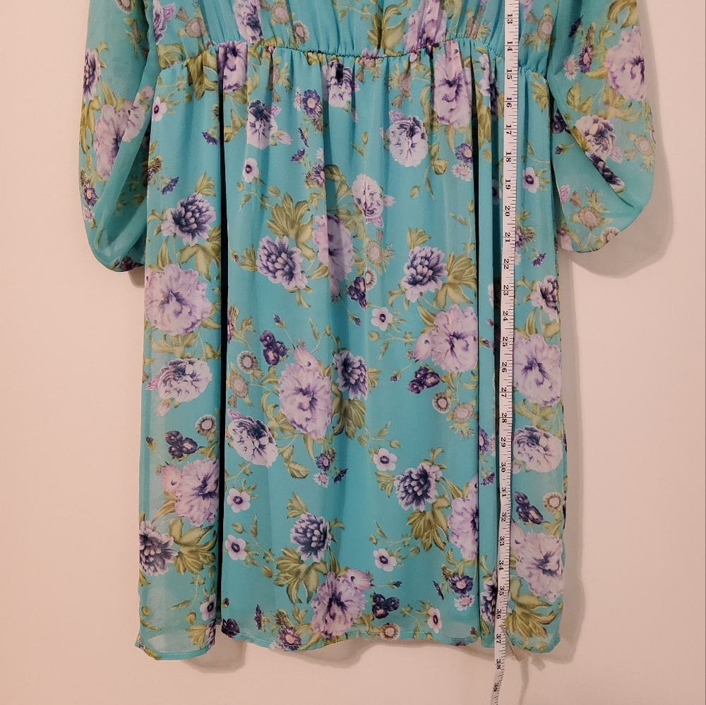PNK BLUSH TEAL FLORAL CHIFFON 3/4 LENGHT SLEEVE SCOOP NECK SIZE XL - Picture 3 of 7